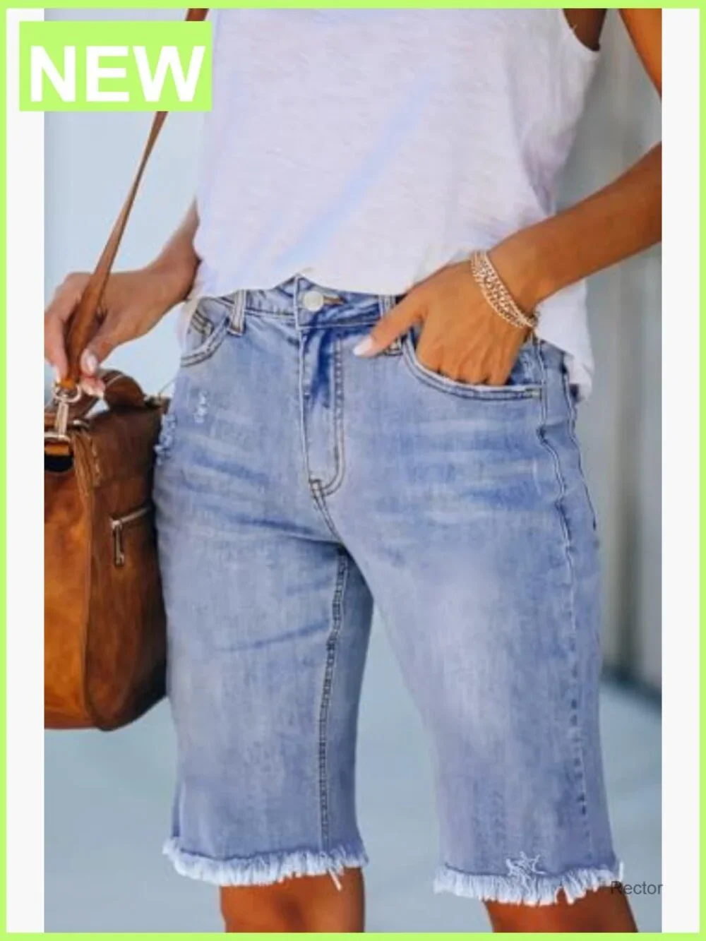 Women's Ripped Denim Bermuda Shorts Casual Summer Mid Waist Stretchy 5 Pockets